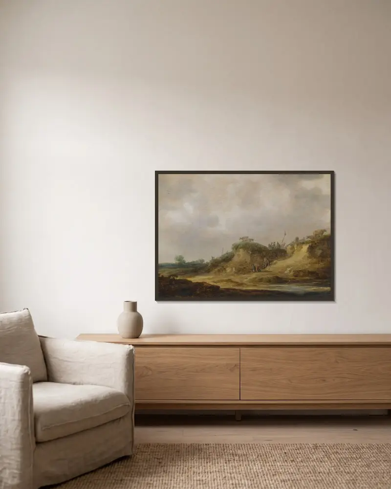 Dynlandskap med boskapsvaktande herdar av Jan van Goyen inramad på en vägg