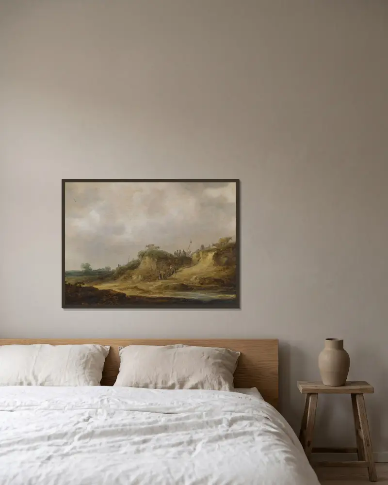 Dynlandskap med boskapsvaktande herdar av Jan van Goyen inramad på en vägg