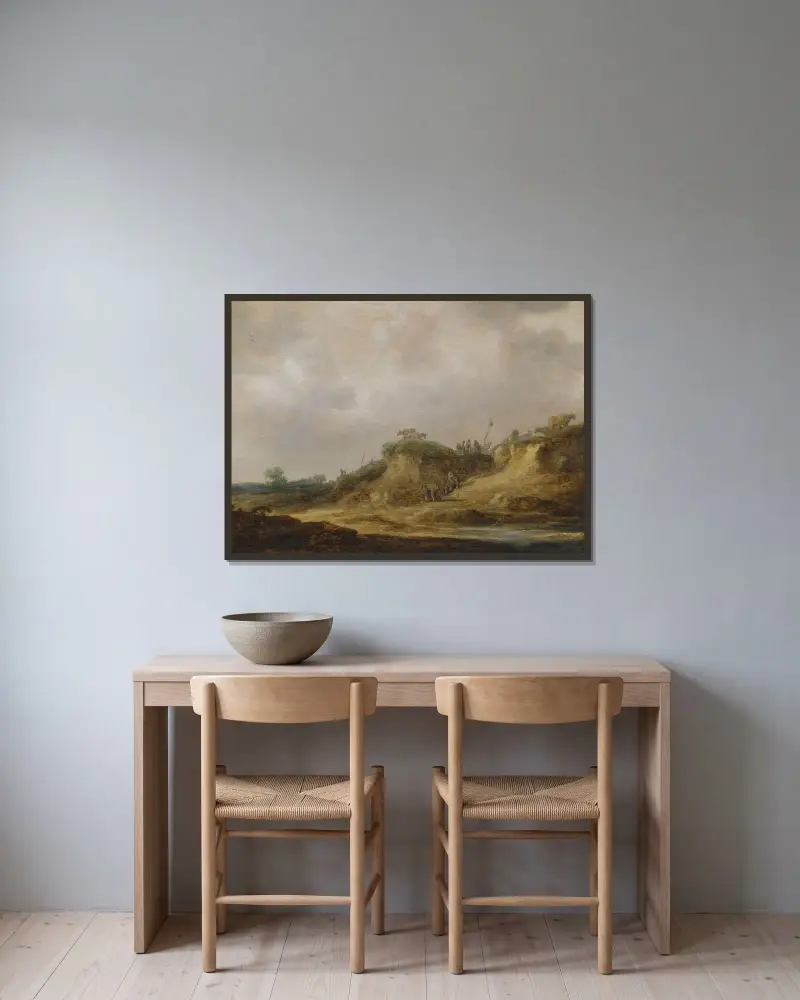 Dynlandskap med boskapsvaktande herdar av Jan van Goyen inramad på en vägg