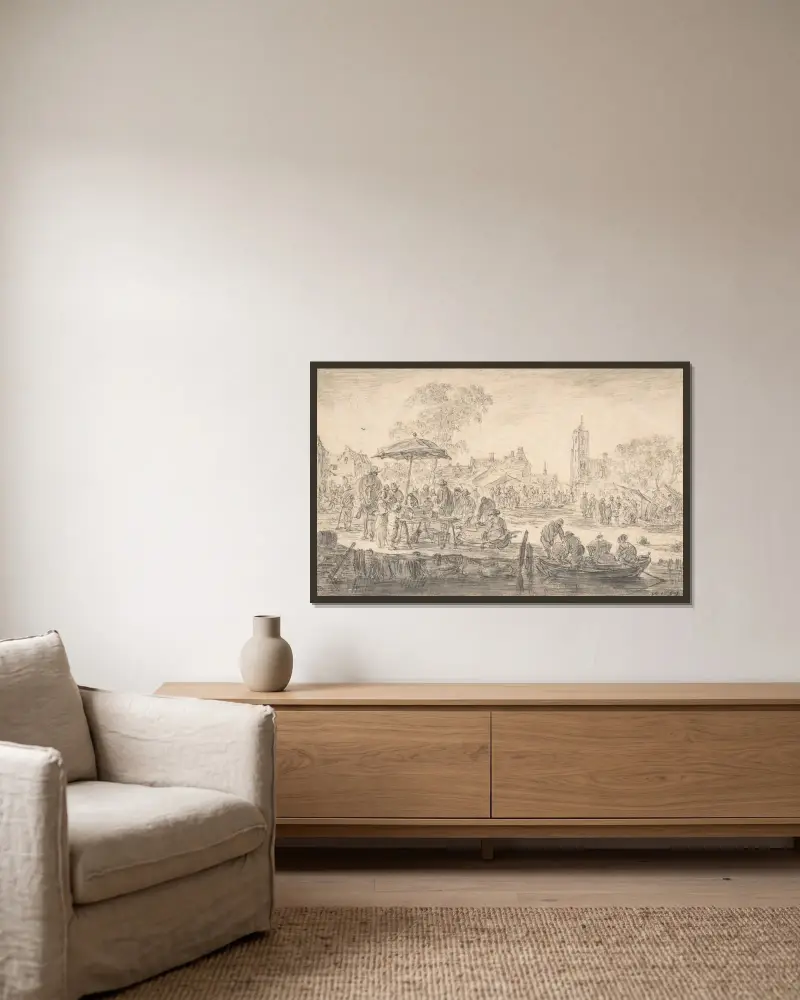 En marknad av Jan van Goyen inramad på en vägg
