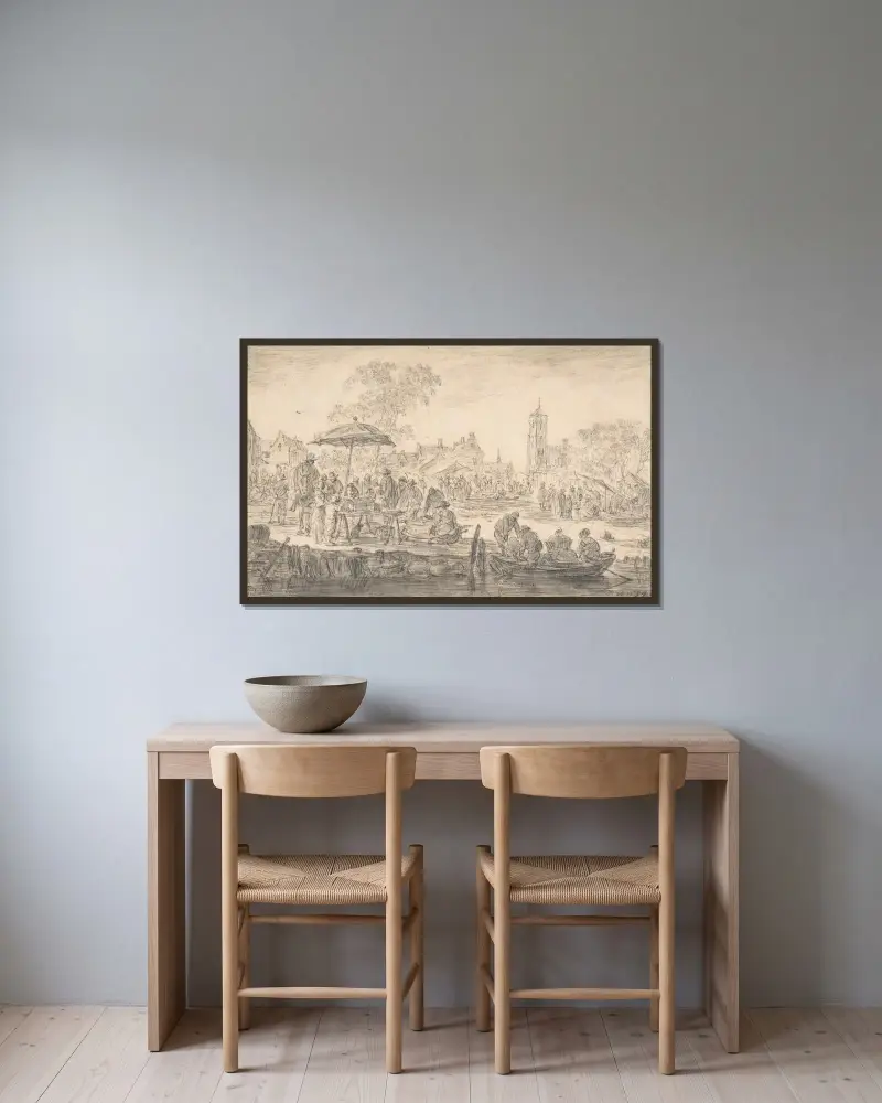 En marknad av Jan van Goyen inramad på en vägg
