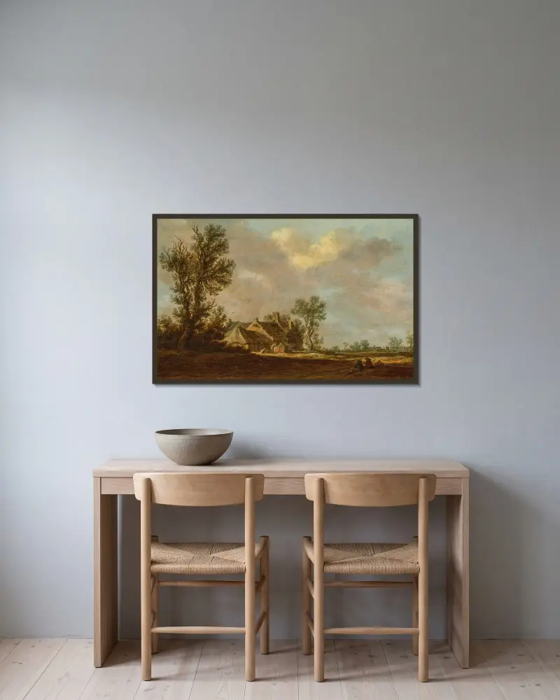 En gård i ett skogslandskap av Jan van Goyen inramad på en vägg