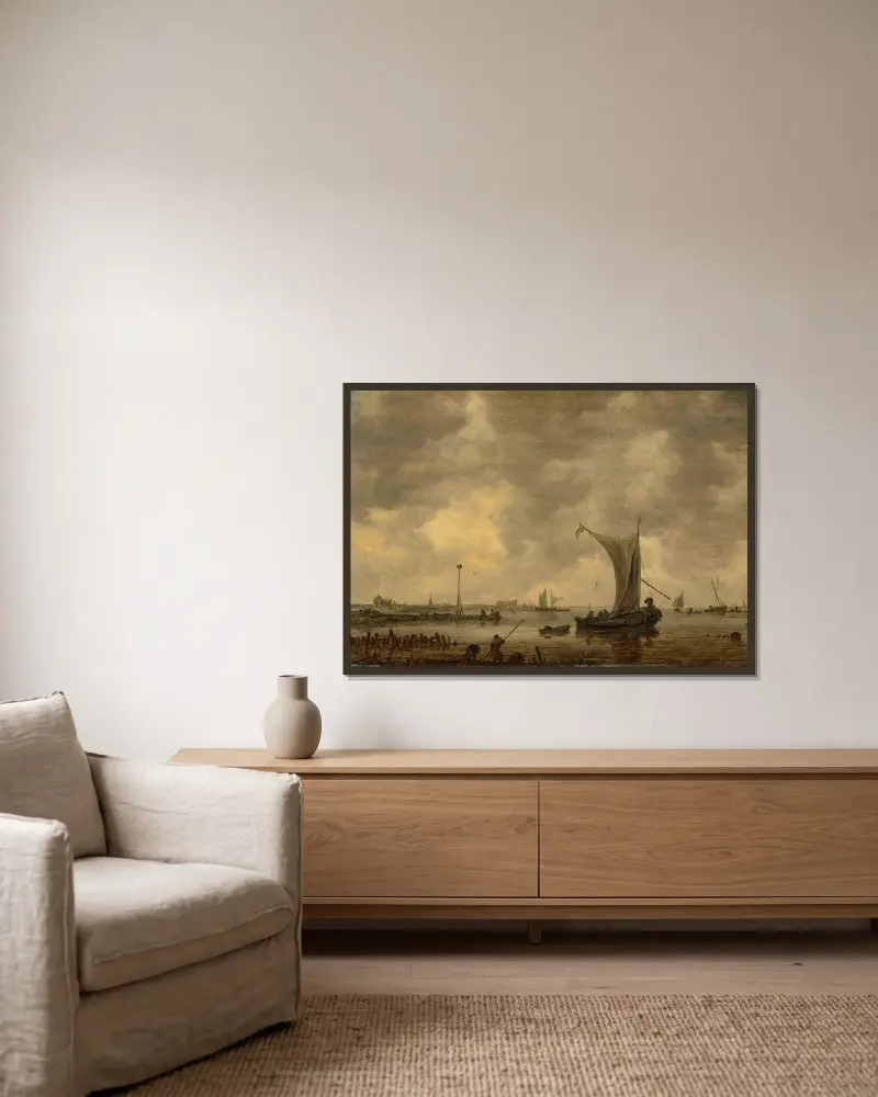 En flodmynning med fartyg och fiskare på stranden av Jan van Goyen inramad på en vägg