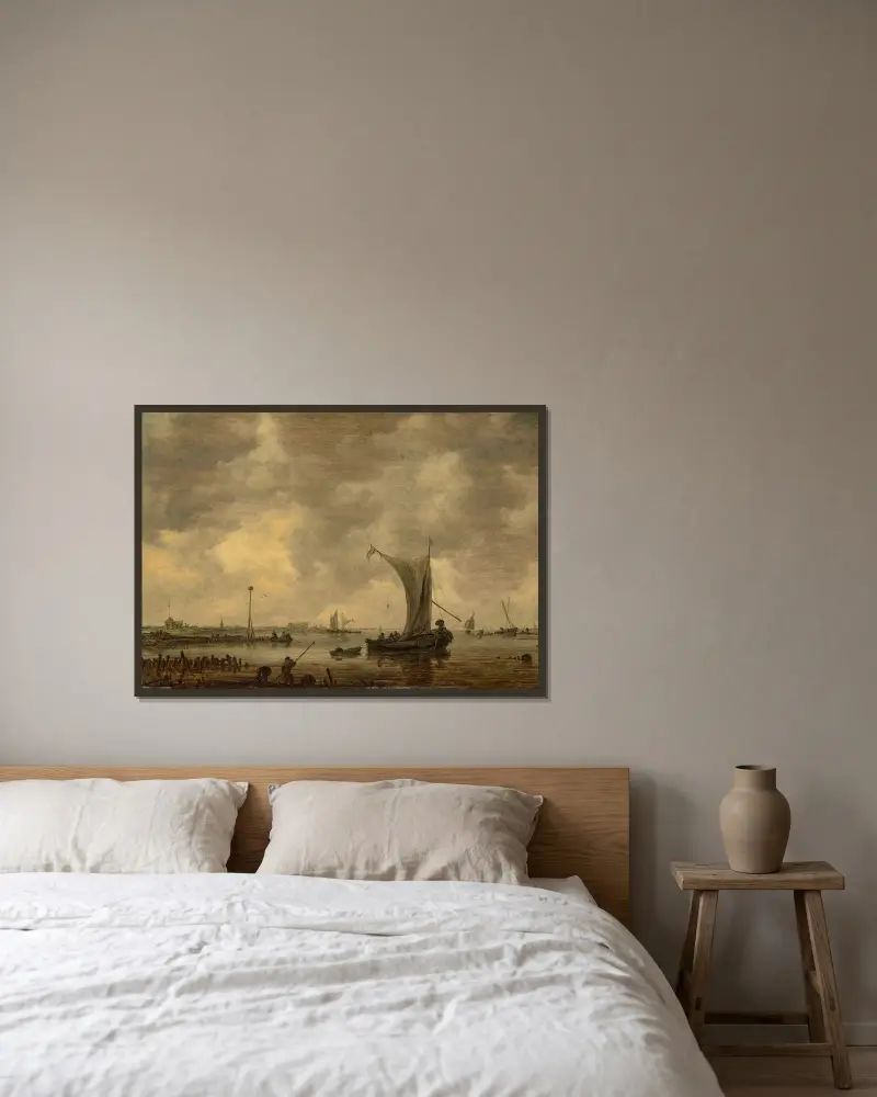 En flodmynning med fartyg och fiskare på stranden av Jan van Goyen inramad på en vägg