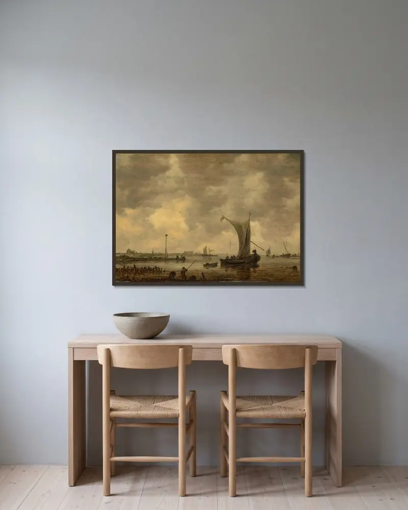 En flodmynning med fartyg och fiskare på stranden av Jan van Goyen inramad på en vägg