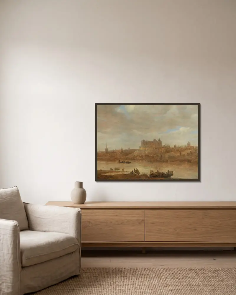Flodlandskap med färja och slott vid en stad av Jan van Goyen inramad på en vägg