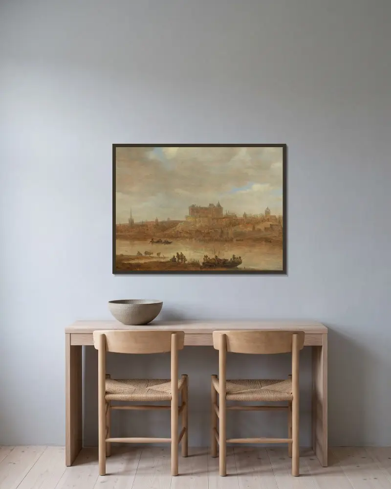 Flodlandskap med färja och slott vid en stad av Jan van Goyen inramad på en vägg