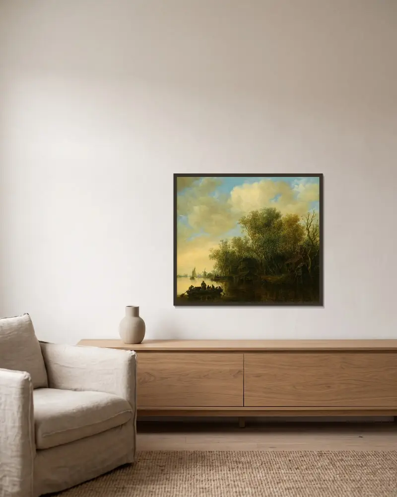 Flodlandskap med fullastad färja som närmar sig en livlig flodstrand av Jan van Goyen inramad på en vägg
