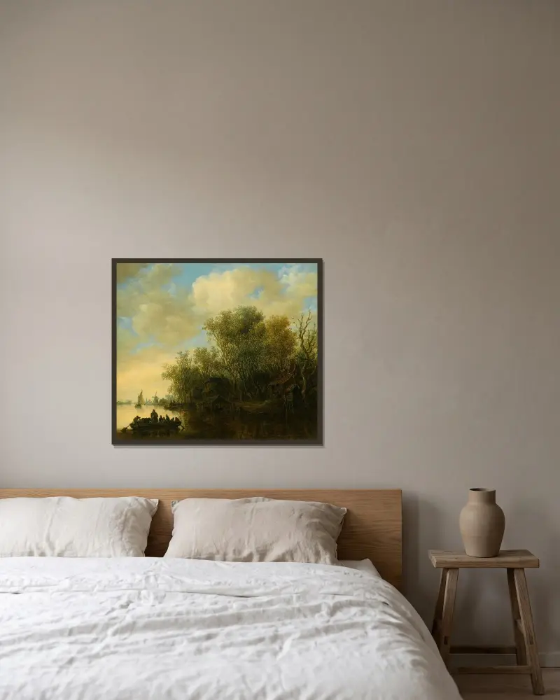 Flodlandskap med fullastad färja som närmar sig en livlig flodstrand av Jan van Goyen inramad på en vägg