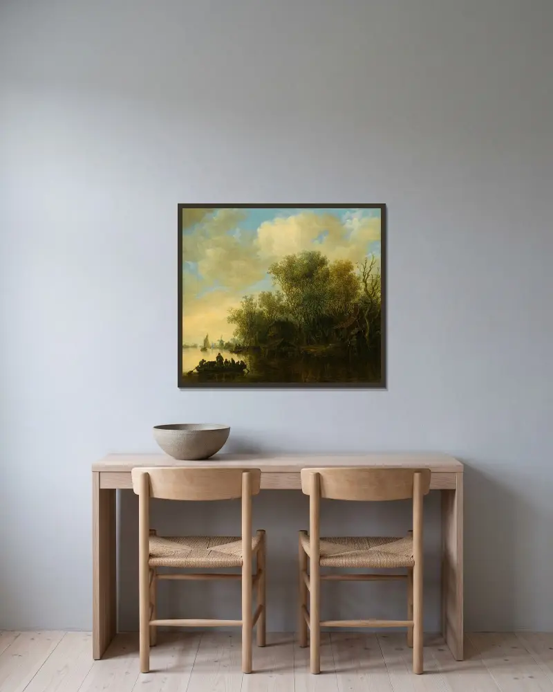 Flodlandskap med fullastad färja som närmar sig en livlig flodstrand av Jan van Goyen inramad på en vägg