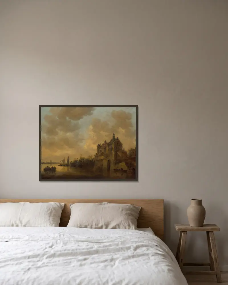 Flodlandskap med herrgård, roddbåtar och andra fartyg av Jan van Goyen inramad på en vägg