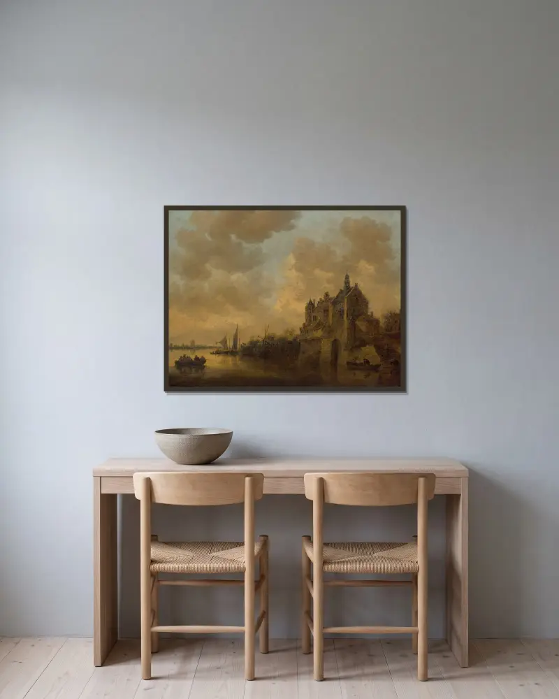Flodlandskap med herrgård, roddbåtar och andra fartyg av Jan van Goyen inramad på en vägg