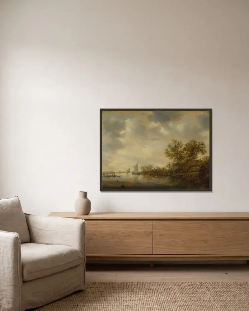 Flusslandschaft mit Segelschiffen, Fischerbooten und einer Fähre mit Bauern und Vieh von Jan van Goyen gerahmt an einer Wand