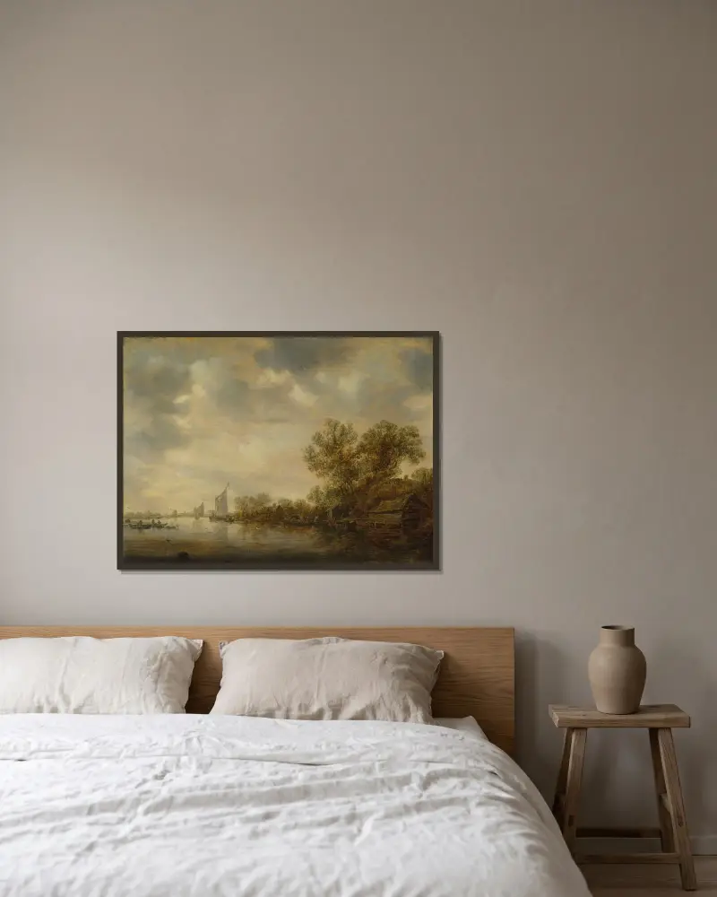 Flusslandschaft mit Segelschiffen, Fischerbooten und einer Fähre mit Bauern und Vieh von Jan van Goyen gerahmt an einer Wand