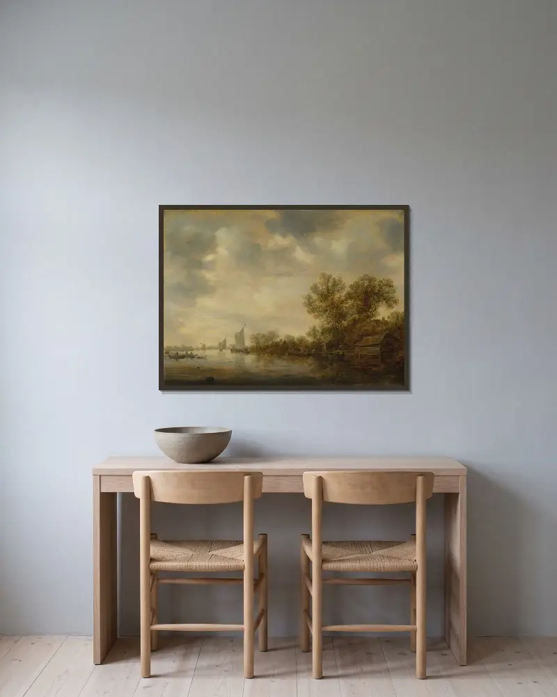 Flusslandschaft mit Segelschiffen, Fischerbooten und einer Fähre mit Bauern und Vieh von Jan van Goyen gerahmt an einer Wand