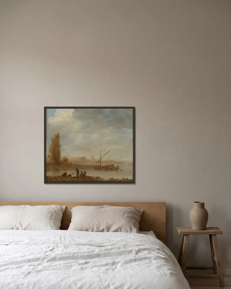 Ett flodlandskap med ruinerna av Merwede av Jan van Goyen inramad på en vägg