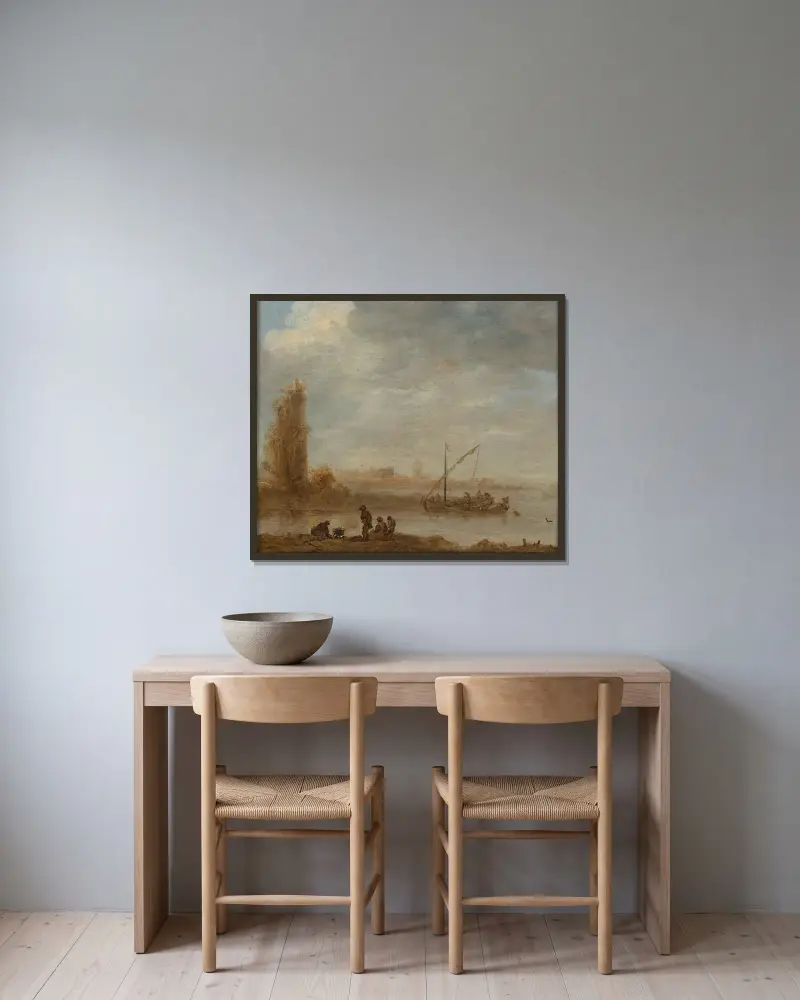 Ett flodlandskap med ruinerna av Merwede av Jan van Goyen inramad på en vägg