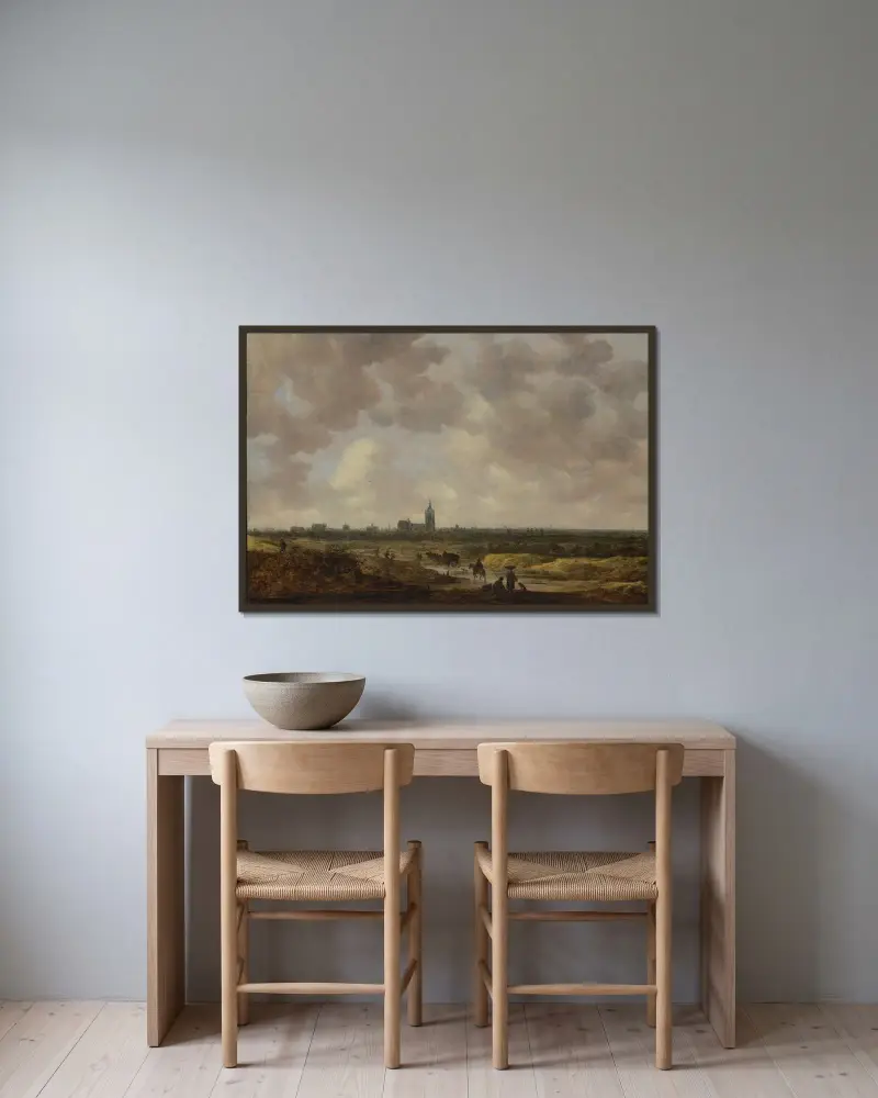 Utsikt över Haag från nordväst av Jan van Goyen inramad på en vägg