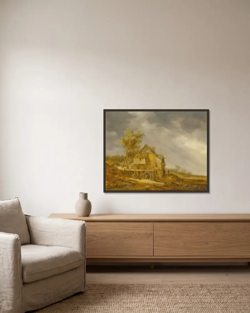 En vattenkvarn med figurer i ett landskap av Jan van Goyen inramad på en vägg