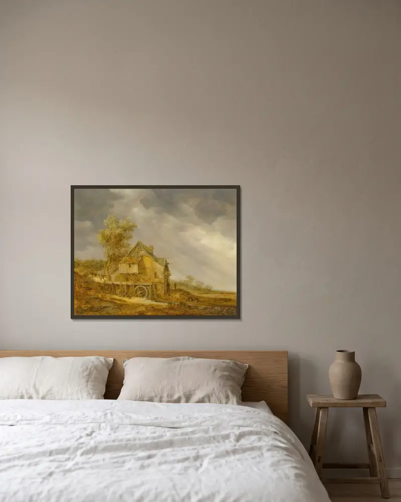 En vattenkvarn med figurer i ett landskap av Jan van Goyen inramad på en vägg