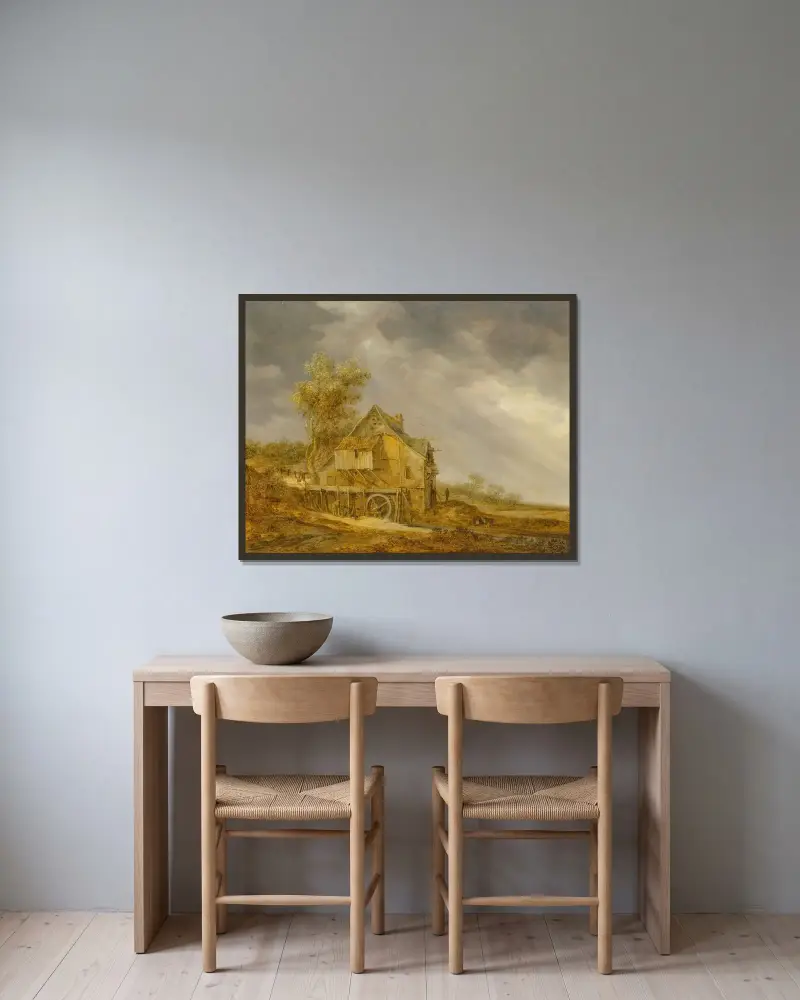 En vattenkvarn med figurer i ett landskap av Jan van Goyen inramad på en vägg