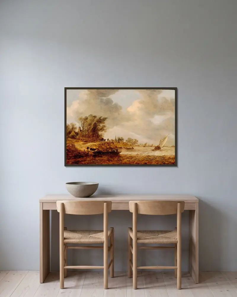 En blåsig dag av Jan van Goyen inramad på en vägg