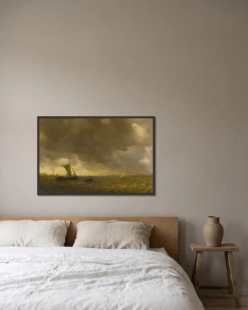 Estuarium med annalkande storm och Weyschuits som revar segel av Jan van Goyen inramad på en vägg