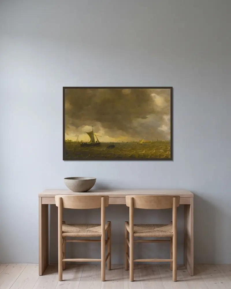 Estuarium med annalkande storm och Weyschuits som revar segel av Jan van Goyen inramad på en vägg