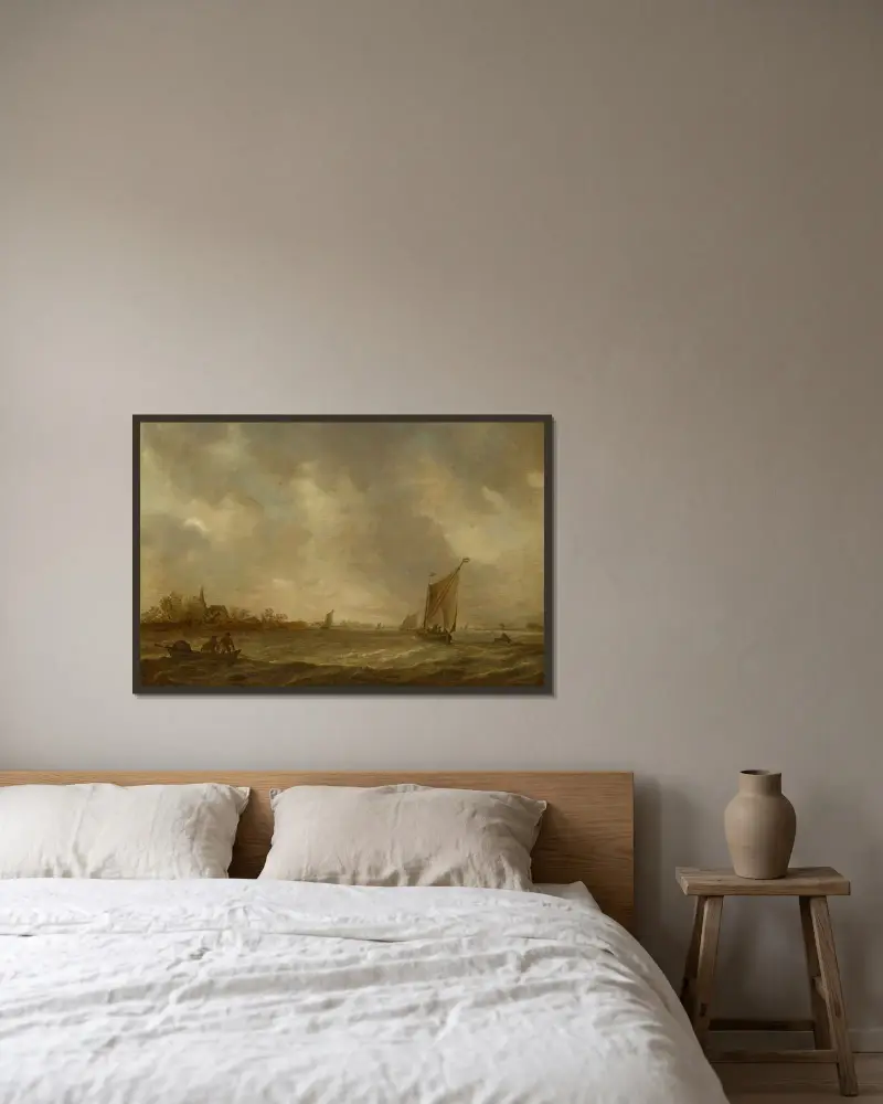 Ústí řeky s rybáři a plavidly a kostelem vlevo, Jan van Goyen v rámu na stěně