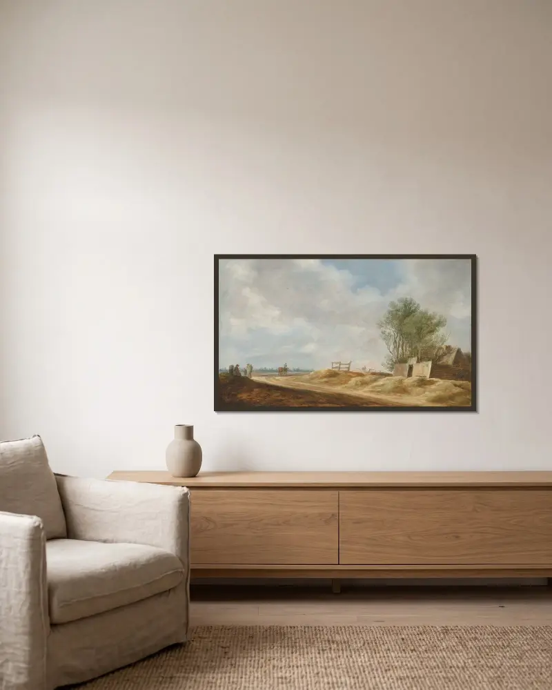 Ett vidsträckt landskap med ett hus och resenärer på en öppen väg av Jan van Goyen inramad på en vägg