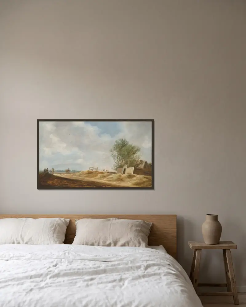 Ett vidsträckt landskap med ett hus och resenärer på en öppen väg av Jan van Goyen inramad på en vägg