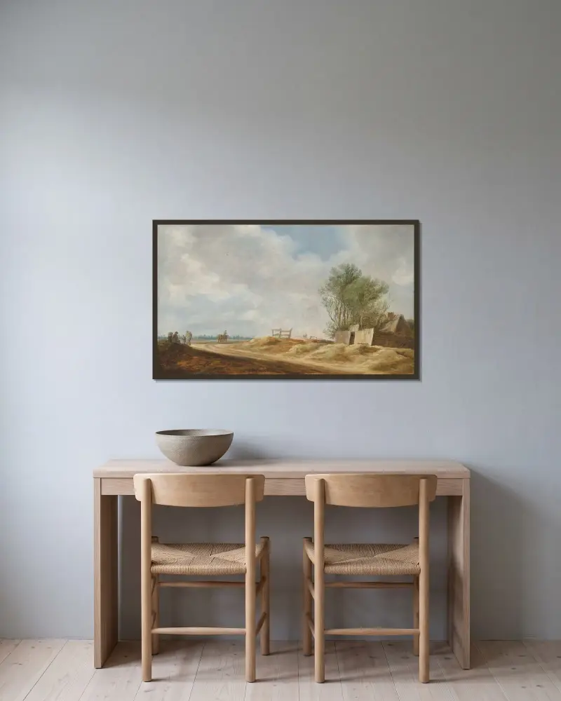 Ett vidsträckt landskap med ett hus och resenärer på en öppen väg av Jan van Goyen inramad på en vägg
