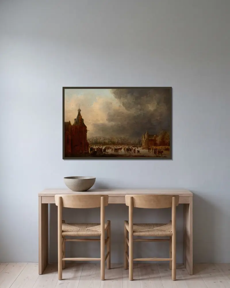 På skridskobanan av Jan van Goyen inramad på en vägg