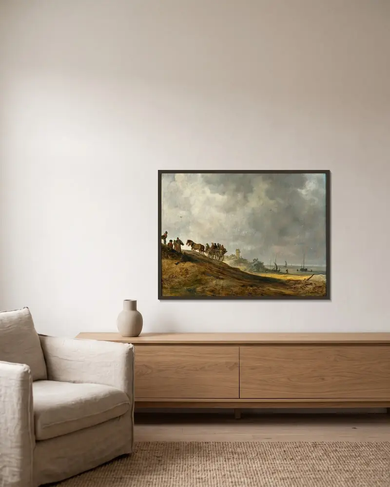 Strandbild av Jan van Goyen inramad på en vägg