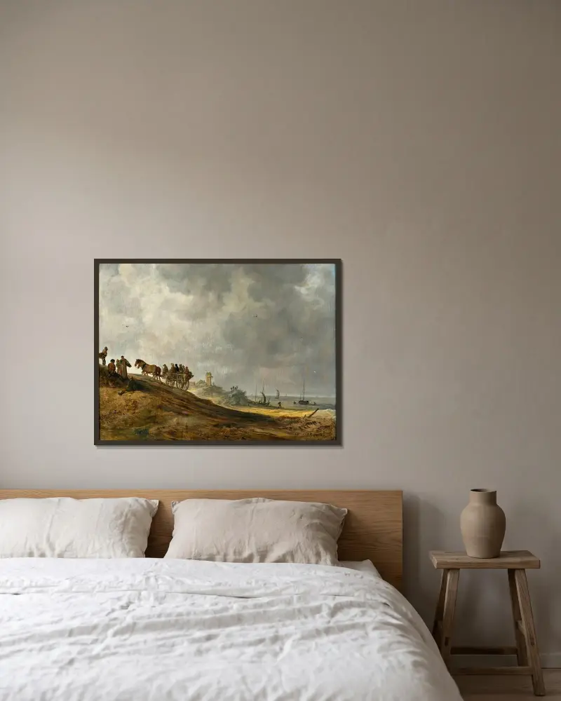 Strandbild av Jan van Goyen inramad på en vägg