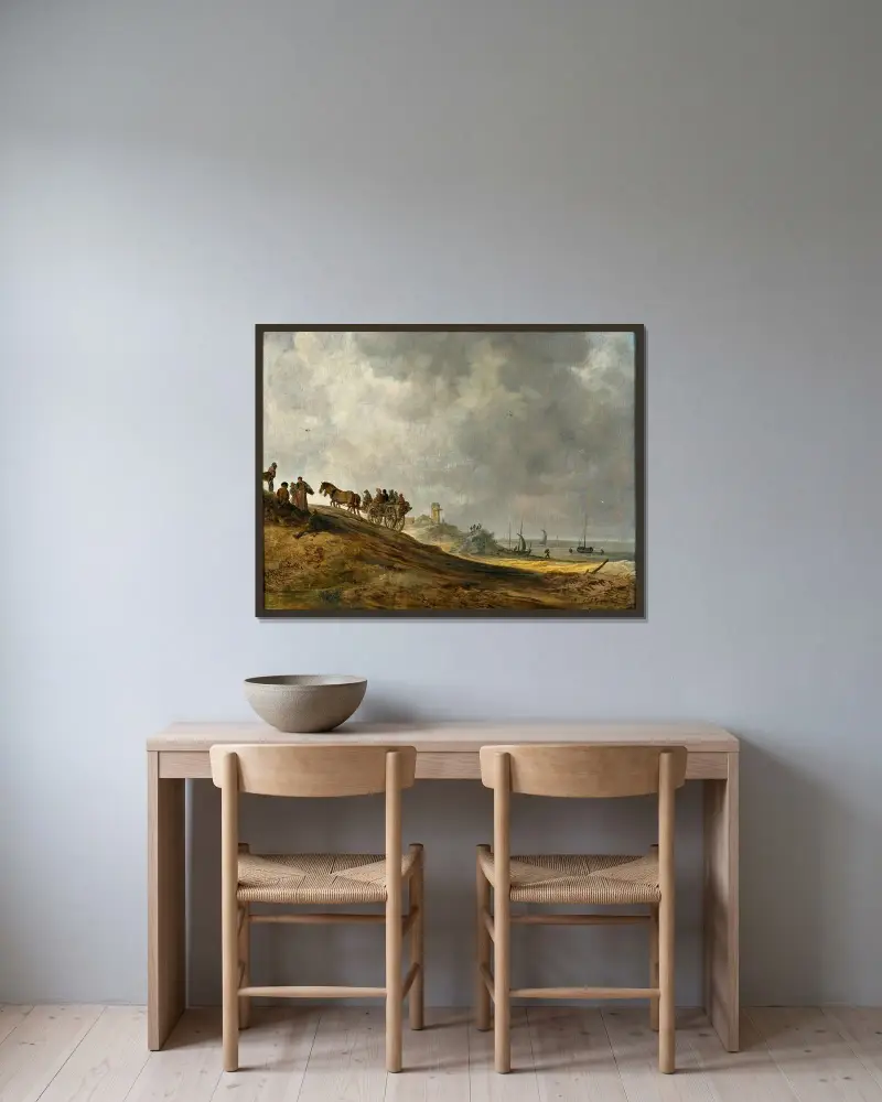 Strandbild av Jan van Goyen inramad på en vägg
