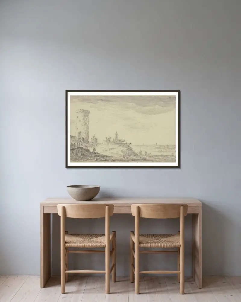 Befestigung, bei einem Kundeturm zwei Kanonen und ein Schilderhaus av Jan van Goyen inramad på en vägg