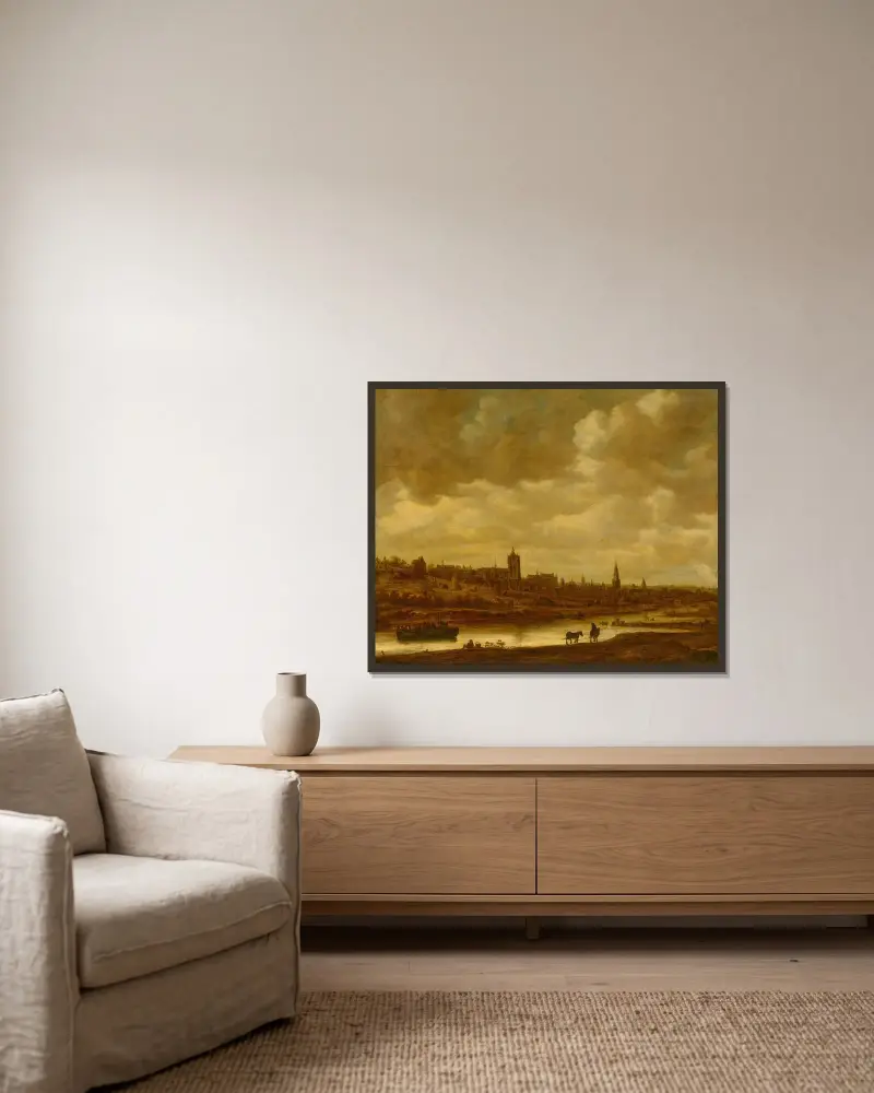 Bryssel, med en färja dragen av två hästar av Jan van Goyen inramad på en vägg