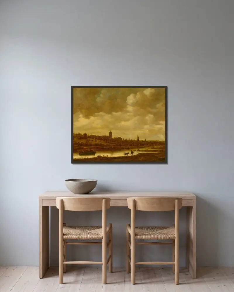 Bryssel, med en färja dragen av två hästar av Jan van Goyen inramad på en vägg