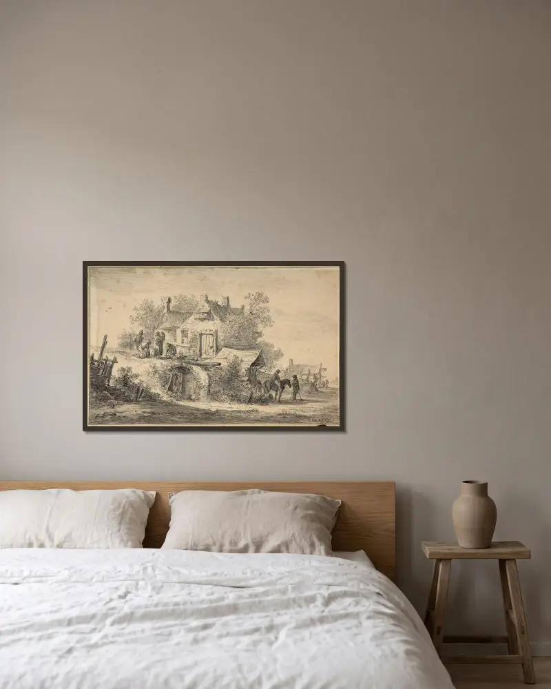 Ryttare vid en lantkrog av Jan van Goyen inramad på en vägg