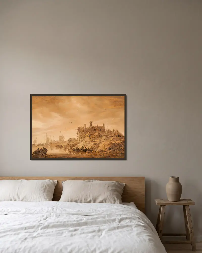 Küstenszene von Jan van Goyen gerahmt an einer Wand