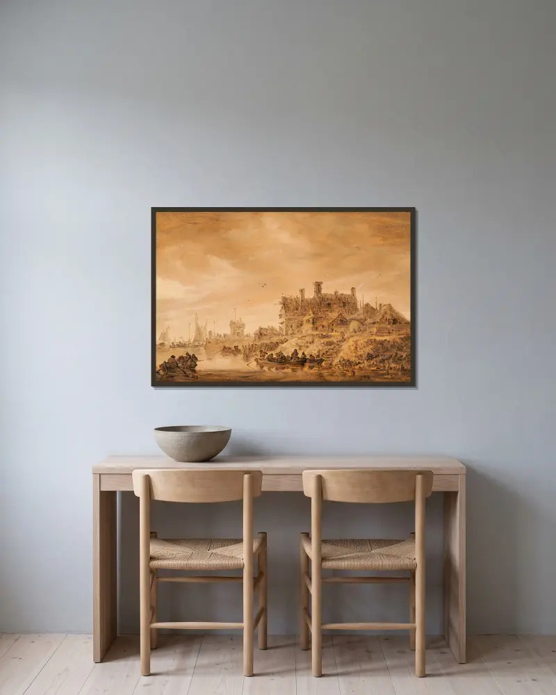 Küstenszene von Jan van Goyen gerahmt an einer Wand
