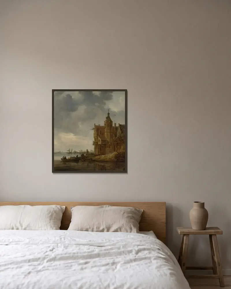 Lanthus vid vattnet av Jan van Goyen inramad på en vägg