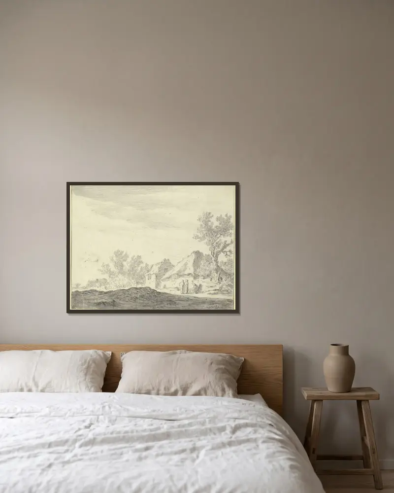 Drei Figuren vor einer Hütte av Jan van Goyen inramad på en vägg