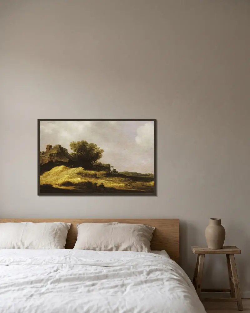 Dynlandskap med värdshus av Jan van Goyen inramad på en vägg