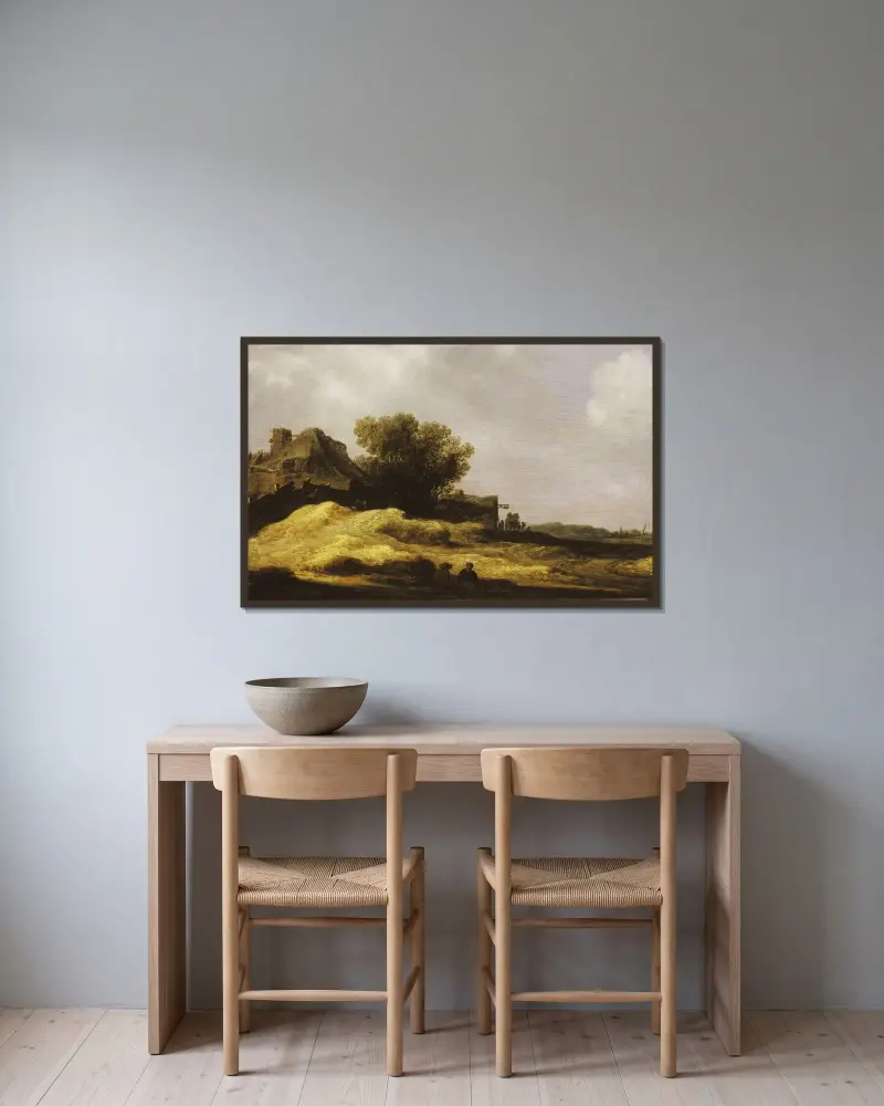 Dynlandskap med värdshus av Jan van Goyen inramad på en vägg
