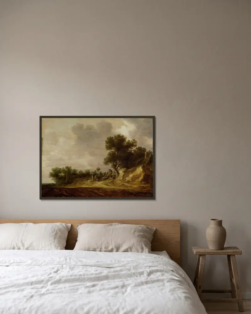Dynlandskap av Jan van Goyen inramad på en vägg