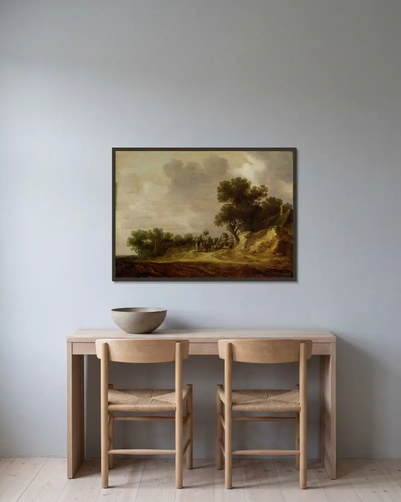 Dynlandskap av Jan van Goyen inramad på en vägg