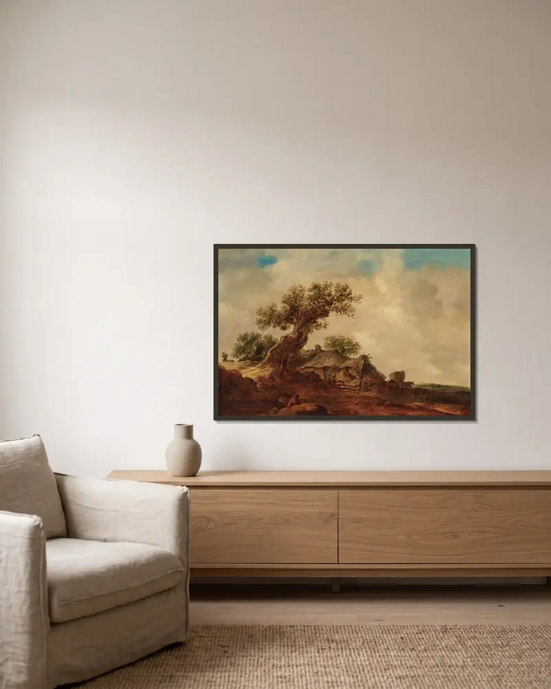 Dynlandskap med halmtäckt stuga intill en ek, äng i bakgrunden av Jan van Goyen inramad på en vägg