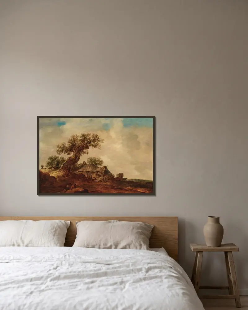 Dynlandskap med halmtäckt stuga intill en ek, äng i bakgrunden av Jan van Goyen inramad på en vägg